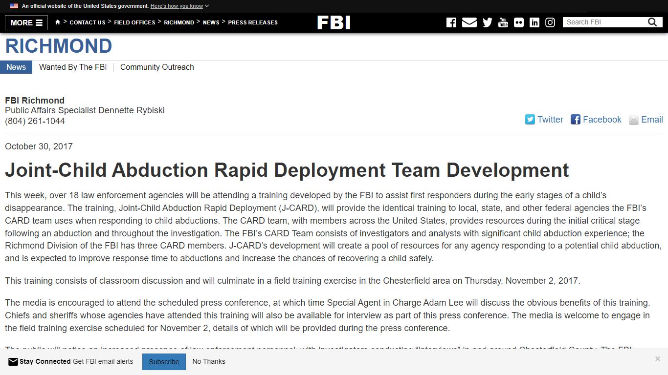 Joint-Child Abduction Rapid Deployment Team Development — FBI